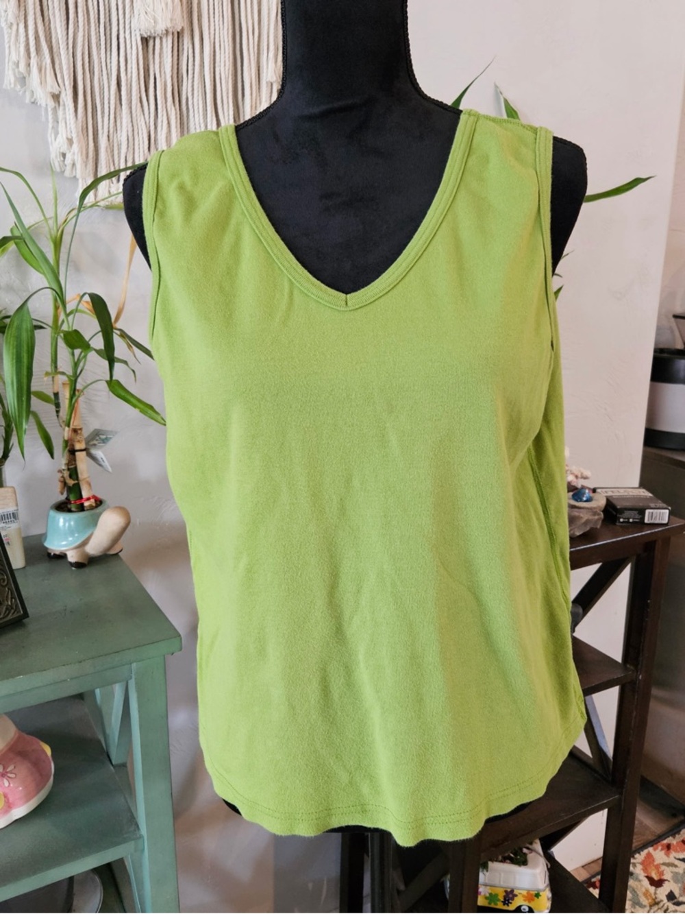 Basic Editions Bright Lime Green V-Neck Tank Top